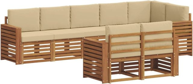vidaXL Sofagarnitur 8-teilig aus Massivholz Akazie in Natur und Beige mit L-Form und Polsterkissen - Bild 1