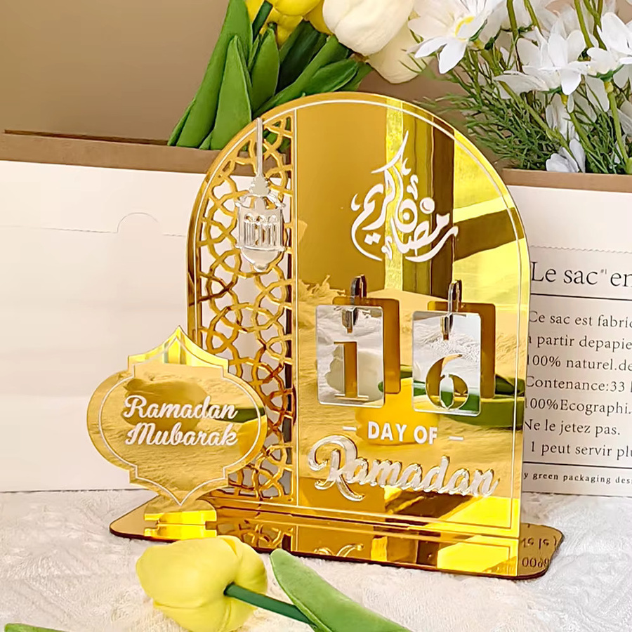 Ramadan-Countdown-Kalender 2026 mit drehbarem Rad in Gold als orientalische Tischdekoration für Eid Mubarak - Bild 1