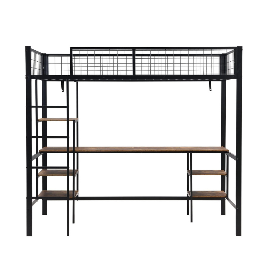 KOMHTOM Etagenbett für Kinder aus Eisen und Holz mit Tisch, Regal und vierstufiger Leiter, Schwarz und Dunkelbraun, B/T/H: 90 x 200 x 180 cm - Bild 2
