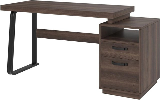 PXloue Schreibtisch in Braun mit Schublade und Ordnerauszug, moderner Bürotisch aus MDF und Stahlrohr, Breite: 135 cm, Tiefe: 54 cm, Höhe: 76 cm - Bild 1