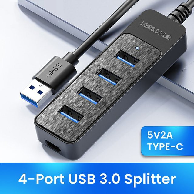 USB 3.0 Hub mit 4 Ports und Typ-C Anschluss als High Speed Multi Port Splitter und Docking Station Adapter für PC und Computer, Schwarz - Bild 1