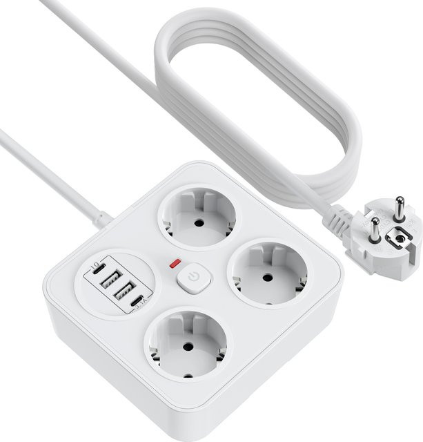 Steckdosenleiste mit Europäischem Stecker und Überspannungsschutz, 3 AC-Steckplätze, 2 USB-A und 2 USB-C Anschlüsse, 13A 250V 3250W mit Schalter - Bild 1