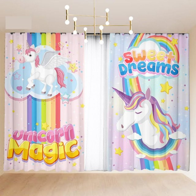 2er-Set Yiran Furniture Kindergardinen mit Einhorn- und Regenbogen-Motiv in Rosa, halbtransparent, Polyester, B: 50 cm, H: 100 cm - Bild 1