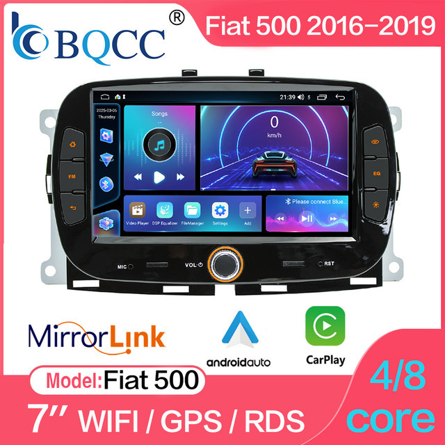 BQCC 7 Zoll Autoradio für Fiat 500 (2016-2019) mit Wireless Carplay, Android Auto, GPS und WiFi in Schwarz - Bild 1