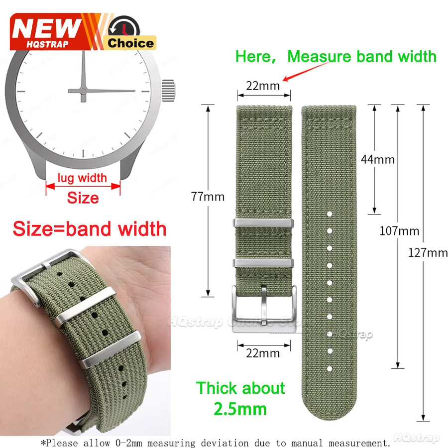 HQstrap Uhrenarmband Nylon, Textil/NATO, Schwarz, Unisex, 20mm 22mm - Bild 2