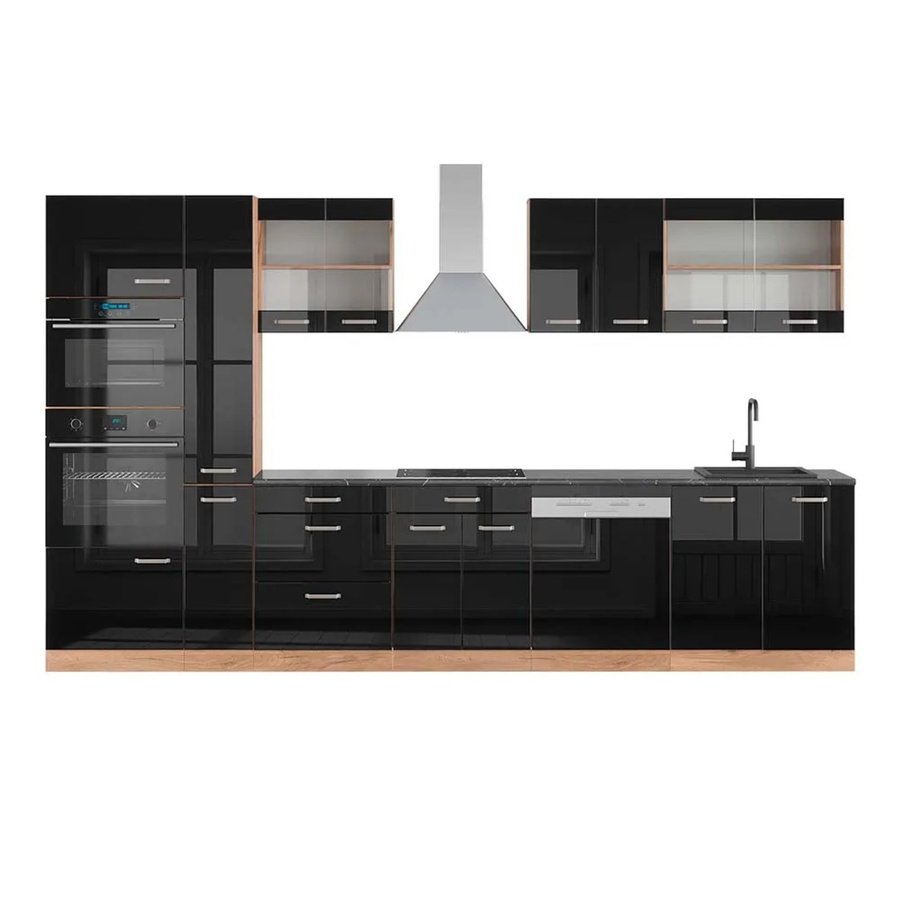 Vicco R-Line Küchenzeile Schwarz Hochglanz und Goldkraft Eiche mit Hochschrank Anthrazit, Breite: 350 cm - Bild 2