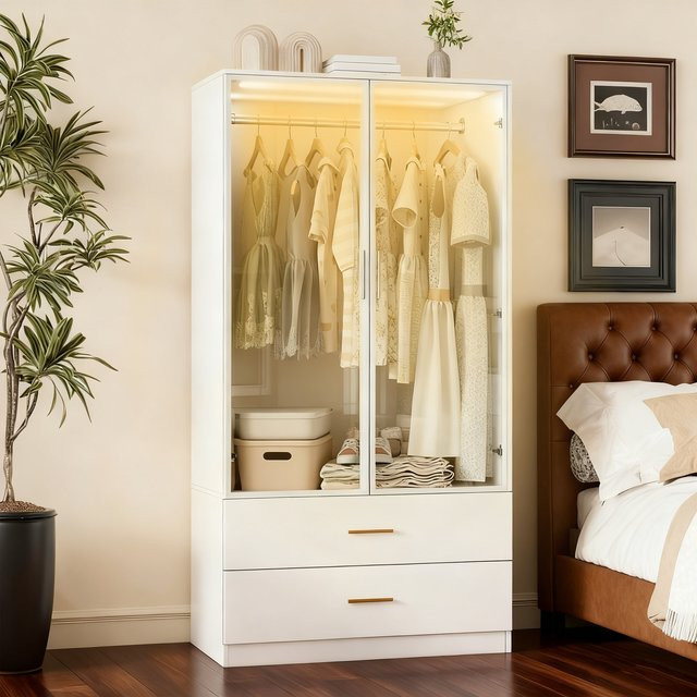 Moderner 2-türiger Kleiderschrank in Weiß mit integrierter Beleuchtung und Kleiderstange für dein Schlafzimmer - Bild 1