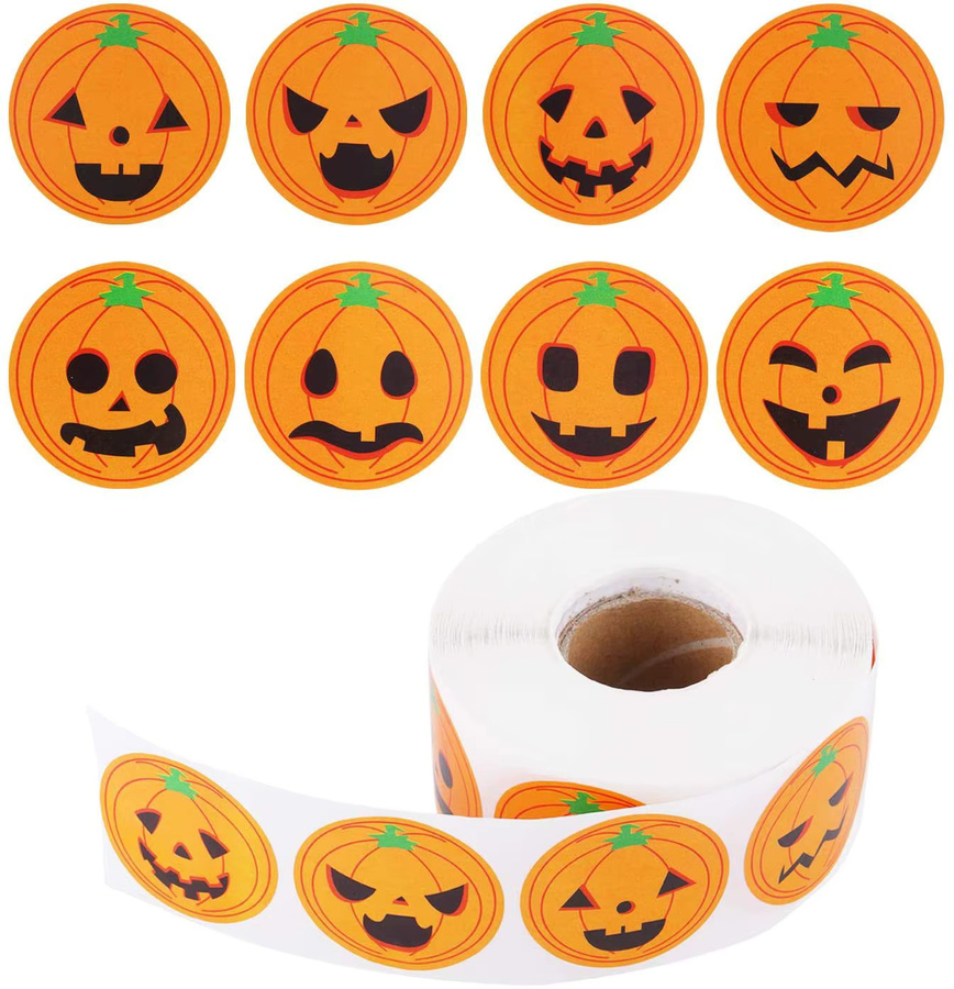 TYFYO Halloween Aufkleberrollen mit 500 runden Motiv-Aufklebern in Orange für deine Partydekoration mit Kürbis, Geist, Spinne, Fledermaus und Katze - Bild 3