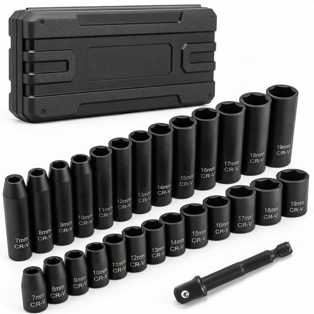 Schlagschraubersatz aus Chrom-Vanadium-Stahl in Schwarz mit 3/8-Zoll-Antrieb, Steckschlüsseln von 7mm bis 19mm und 1/4-Zoll-Adapter für Autoreparaturen - Bild 1