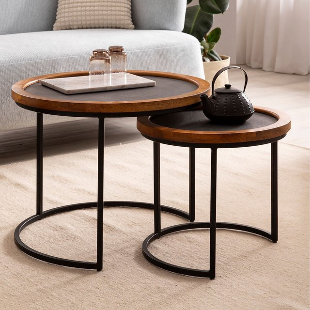 FineBuy Couchtisch 2er Set Rund in Holzoptik und Steinoptik, moderner Satztisch für dein Wohnzimmer, Multicolour, Durchmesser: 60 cm, Höhe: 46 cm - Bild 1