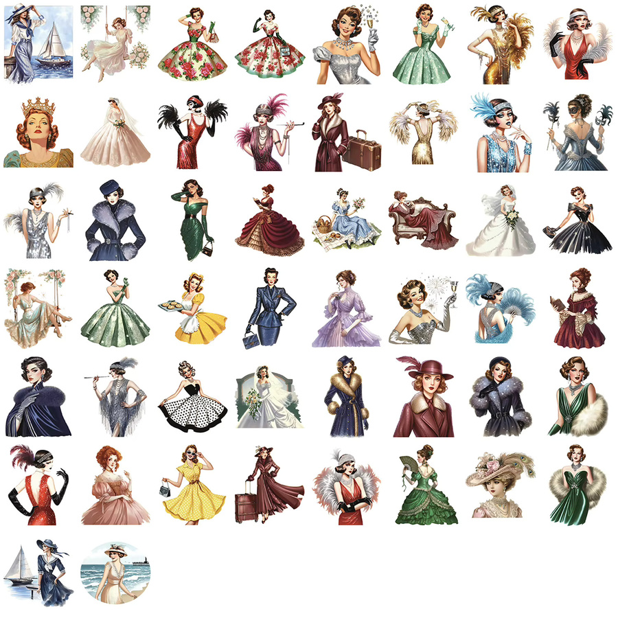 50 oder 100 Stück Cartoon Vintage Mädchen Aufkleber, wasserfeste transparente PET Sticker zur Dekoration von Notebook, Tasche und Gitarre, mehrfarbig - Bild 2