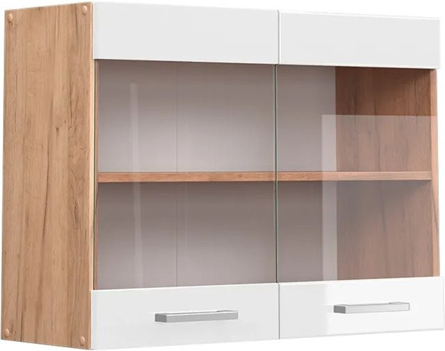 Vicco Küchenglasschrank R-Line Glashängeschrank Weiß Hochglanz und Goldkraft Eiche, B/T/H: 80 x 31 x 60 cm - Bild 1