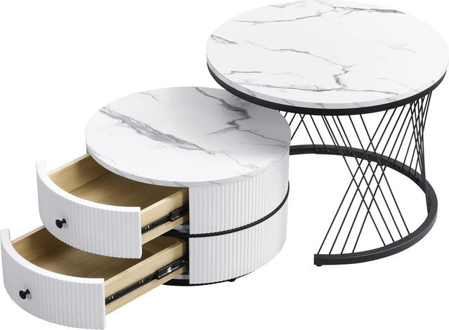 okwish Couchtisch Set mit Marmoroptik und Schubladen in Schwarz, Nesting Design, B/T/H: 60 x 60 x 46 cm und 50 x 50 x 31 cm - Bild 1