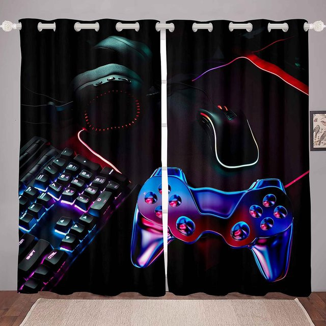 Yiran Furniture Gamepad Vorhänge für das Gaming-Zimmer, 2er-Set halbtransparente Fensterdekoration mit Grafikprint und Ösen, Farbe: Schwarz, B: 50 cm, H: 130 cm - Bild 1