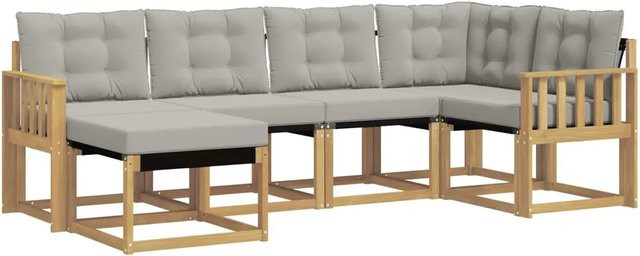 vidaXL Outdoor-Sofagarnitur 6-teilig in L-Form aus Akazienholz und Textilene mit Kissen in Weiß und Hellgrau - Bild 1