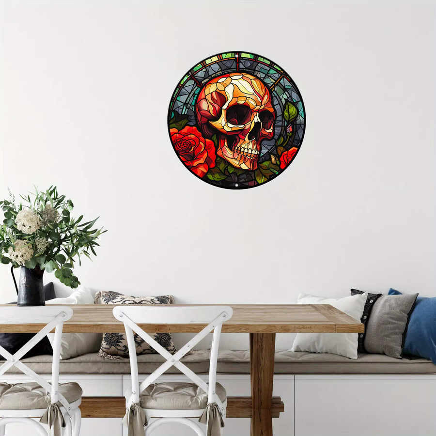Potdemiel Rundes Aluminium-Metallschild mit Totenkopf und Rosen im Buntglas-Stil, Mehrfarbig, Durchmesser: 20 cm - Bild 5