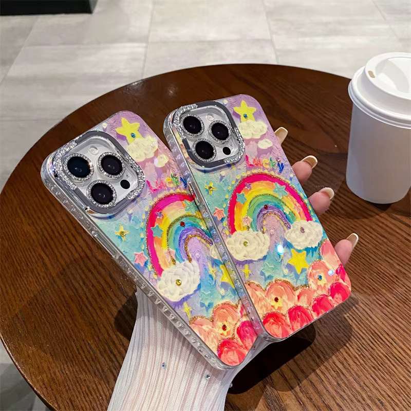Bunte Regenbogen Diamant Tropfen Handyhülle für iPhone 12 13 14 15 Pro Max mit Glitter und stoßfestem Objektivschutz von MUQGEW in Multicolour - Bild 2