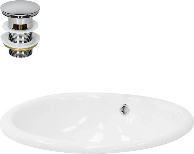ML-Design Waschbecken aus Keramik in Weiß Glänzend, Oval mit Ablaufgarnitur, B: 49 cm, T: 40,5 cm, H: 19,5 cm - Bild 1