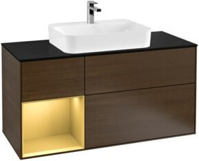V&B Waschtischunterschrank und Wandbeleuchtung Finion in Platinblau matt mit Regalelement rechts in Gold matt und Wandventil, Breite: 120 cm, Höhe: 50,1 cm, Tiefe: 50,1 cm - Bild 1