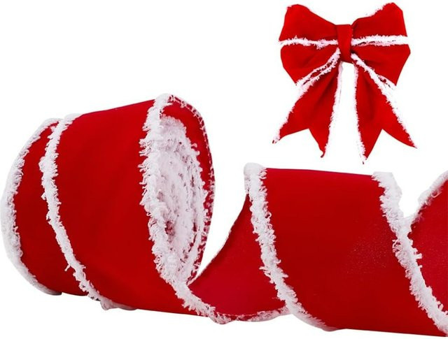 Rotes Weihnachts-Samtband mit weißen Fransen, Breite: 6,35 cm, Länge: 9,14 m - Bild 1