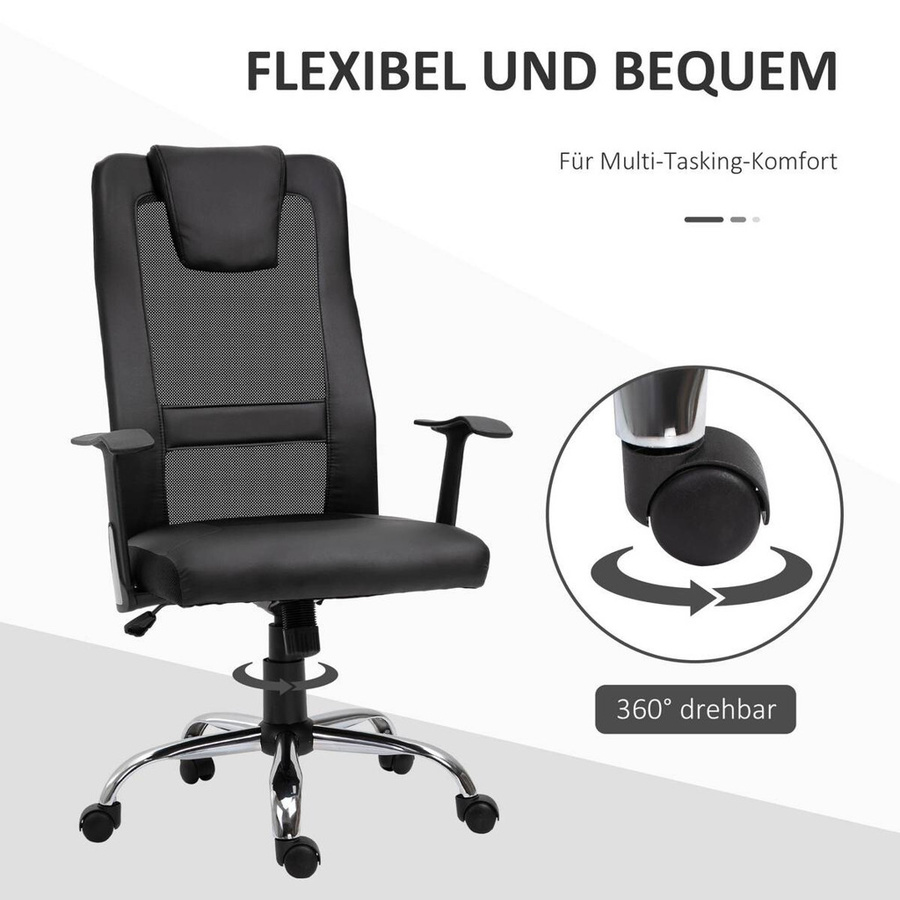HOMCOM Chefsessel in Schwarz mit Kopfstütze, Armlehnen und Netzstoff, höhenverstellbar und drehbar, B/H: 70 x 124 cm - Bild 5