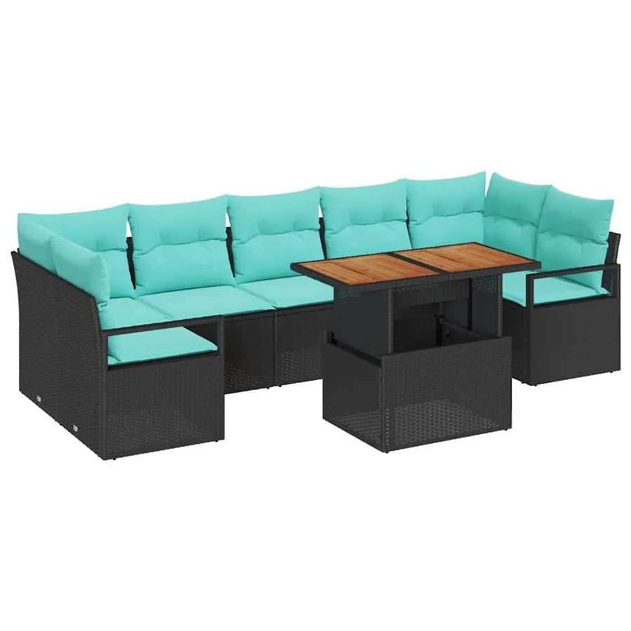 vidaXL Garten-Sofa-Set 8-tlg. aus Poly-Rattan mit Kissen in Schwarz und Teal - Bild 2
