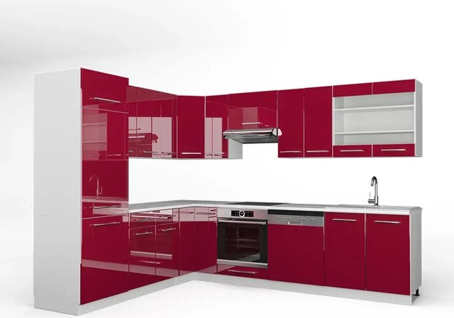 Vicco Fame-Line Eckküche in Bordeaux Hochglanz und Weiß mit Marmor-Optik, B/T/H: 227 x 287 x 82 cm - Bild 1