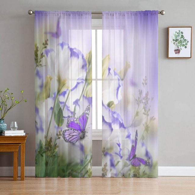 Binchi Outdoor Equipment Transparentes Tüll-Vorhang mit Rosen und Schmetterlings-Blumenmuster in Lila, Breite: 135 cm, Höhe: 114 cm - Bild 1