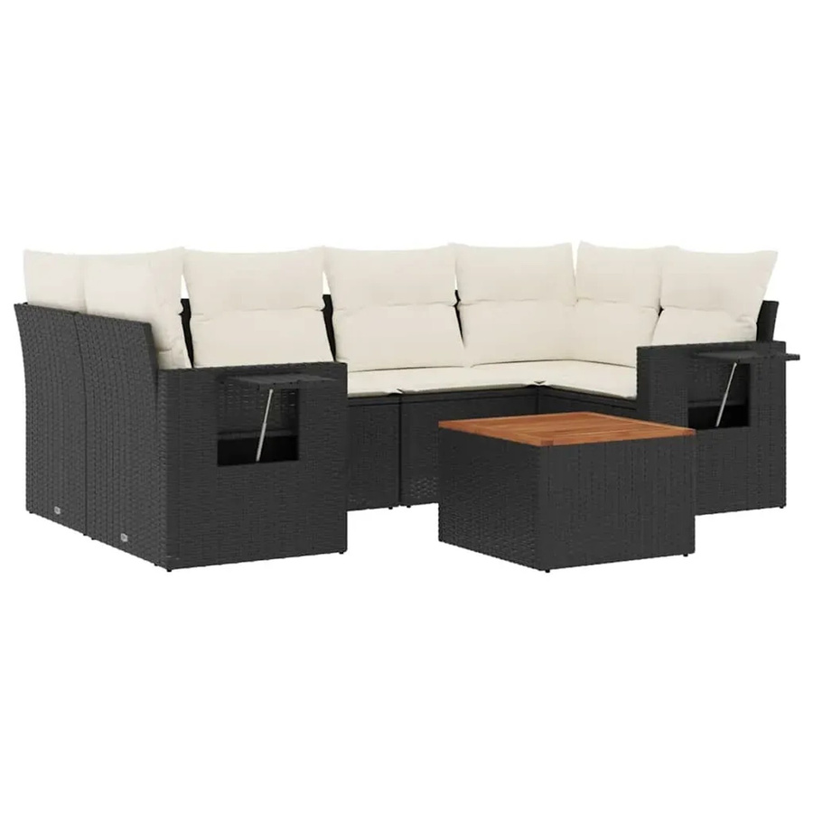 vidaXL 7-teilige Garten-Sofagarnitur in L-Form aus Poly-Rattan und Akazienholz mit Kissen in Schwarz und Cremeweiß - Bild 2