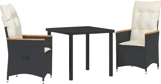 vidaXL Garten Essgruppe 3-teilig aus Poly Rattan und Akazienholz in Schwarz mit Kissen und Glastisch - Bild 1
