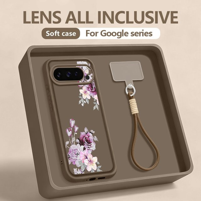 Handyhülle mit Blumenmuster und Schlüsselband für Google Pixel 10 9 8 7 Pro XL 9A 8A 7A aus schwarzem TPU Silikon - Bild 1