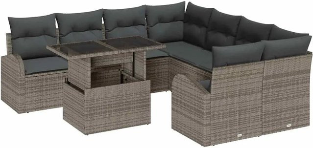 vidaXL Garten-Sofa-Set 9-tlg. aus Poly Rattan und Stahl in Grau mit Kissen - Bild 1
