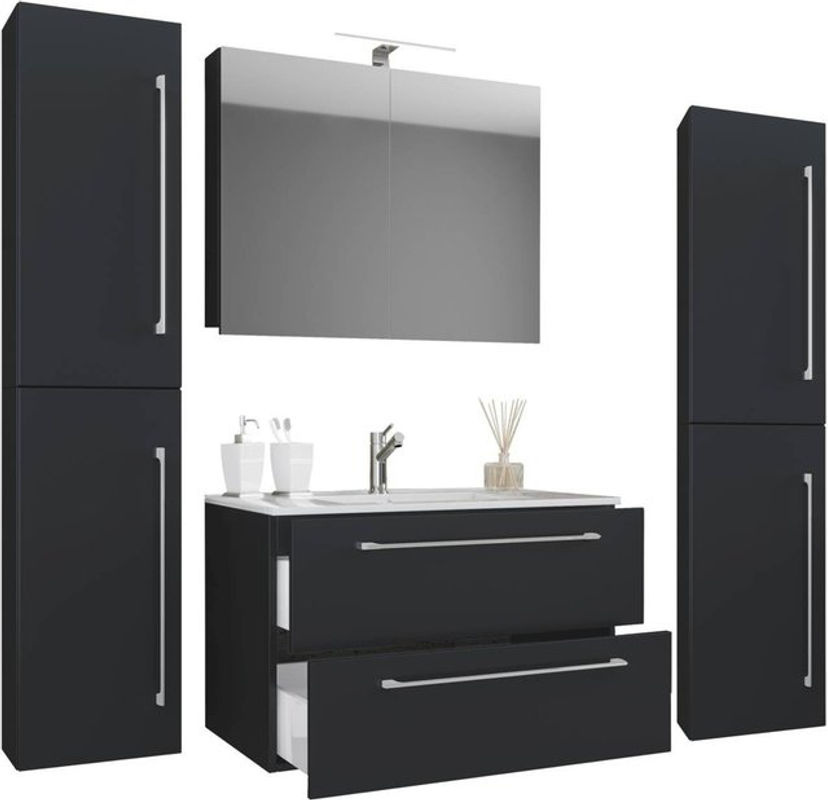VCM Badmöbel-Set Badinos 5-tlg. Waschplatz in Schwarz Matt mit Spiegelschrank und Hochschränken, Breite: 80 cm, Höhe: 150 cm, Tiefe: 46 cm - Bild 4