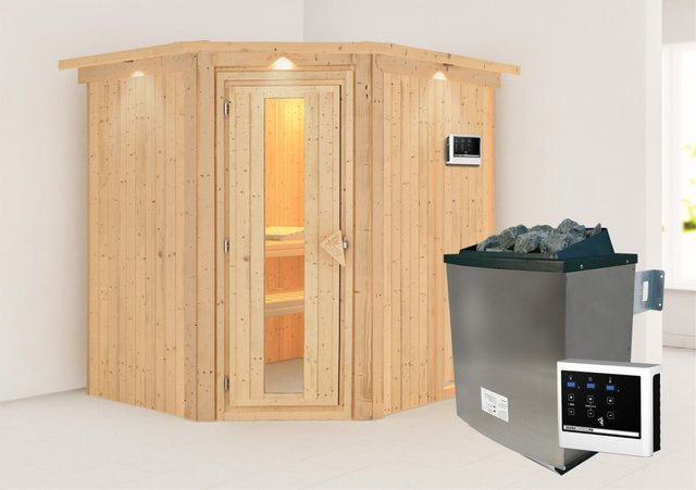 Karibu Sauna Swenna in Braun inkl. 9 kW Ofen mit externem Steuergerät, Dachkranz und Energiespartür - Bild 1