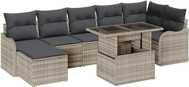 vidaXL Garten-Sofa-Set aus Poly Rattan in Hellgrau, 8-teiliges L-Shape Lounge-Set mit Kissen und Tisch - Bild 1