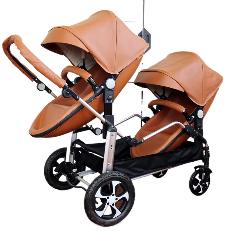 LUVCHAIN 2-in-1 Zwillingskinderwagen mit doppeltem Schlafkorb in Braun - Bild 2