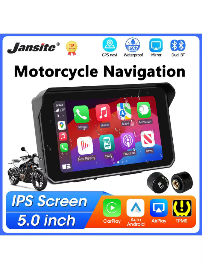 Jansite Tragbares 5-Zoll-Motorrad-Navigationsgerät mit GPS, Kabellosem CarPlay, Android Auto, Bluetooth und TPMS-Unterstützung, IPX7 Wasserdicht, Schwarz - Bild 7