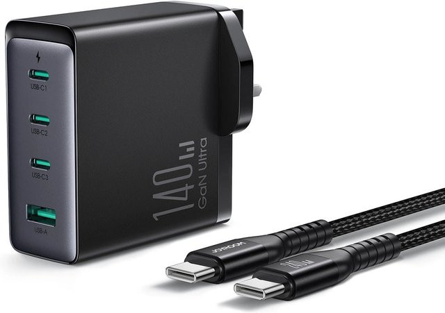 Joyroom Netzladegerät JR-TCG05UK mit USB-C Kabel, 140W, 5A, 1 x USB-A und 3 x USB-C, Schwarz - Bild 1