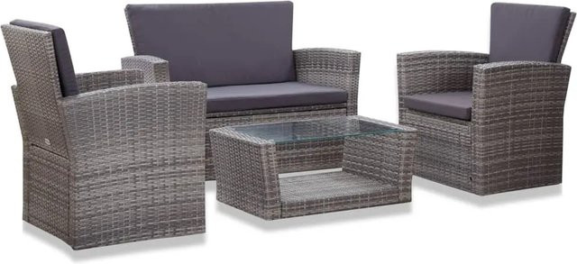 vidaXL 4-tlg Garten-Lounge-Set aus Poly Rattan in Grau mit Polstern und Glastisch - Bild 1
