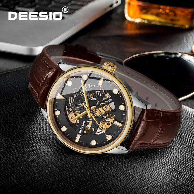 Deesio Herren-Skelettuhr, Automatik, Edelstahl, Lederarmband, Saphirglas, Schwarz - Bild 1