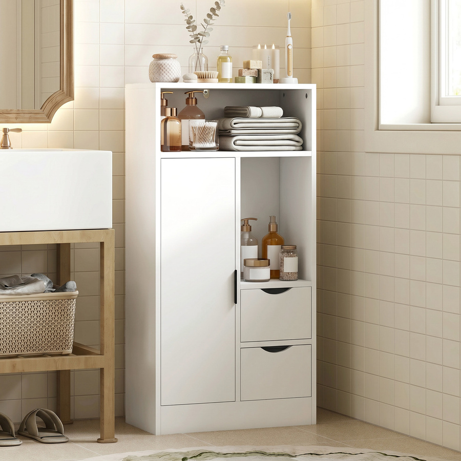 HOMCOM Slim-Badezimmerschrank in Weiß mit 2 Schubladen und offenen Fächern, platzsparender Badschrank mit verstellbaren Böden, B/T/H: 50 x 25 x 100 cm - Bild 2