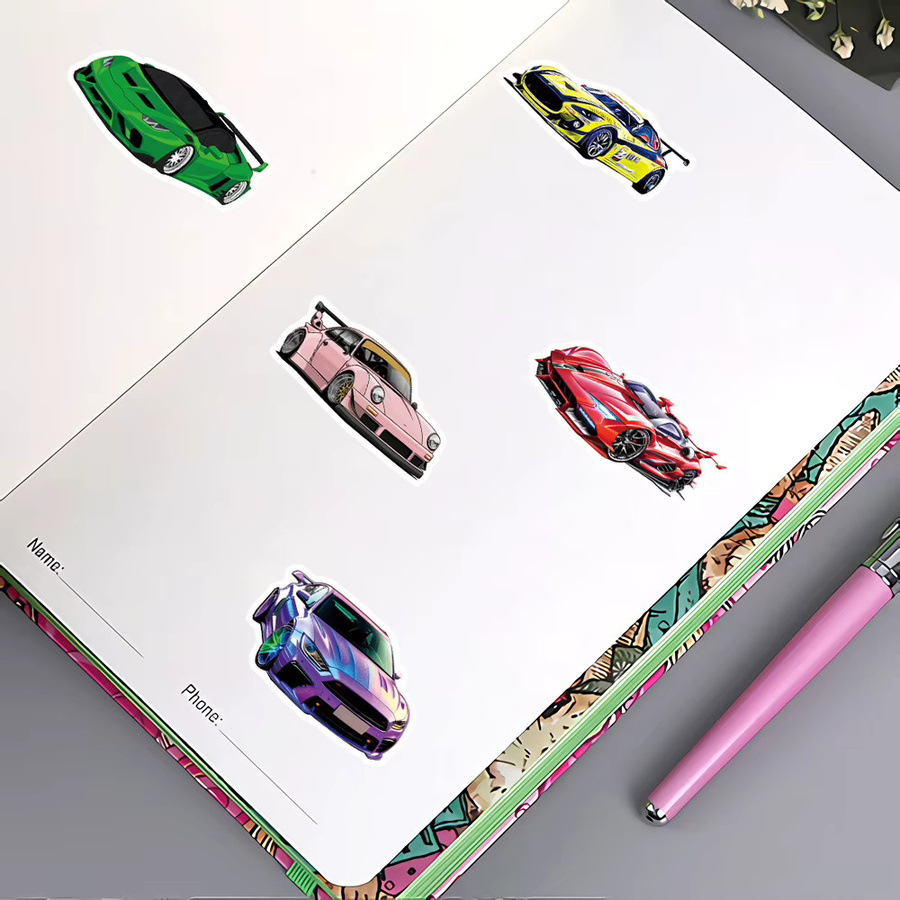 50 Stück Cartoon Supercar Retrofit Rennwagen Aufkleber Set in Multicolour zur Dekoration von Skateboard, Laptop und Notizbuch für Kinder - Bild 2