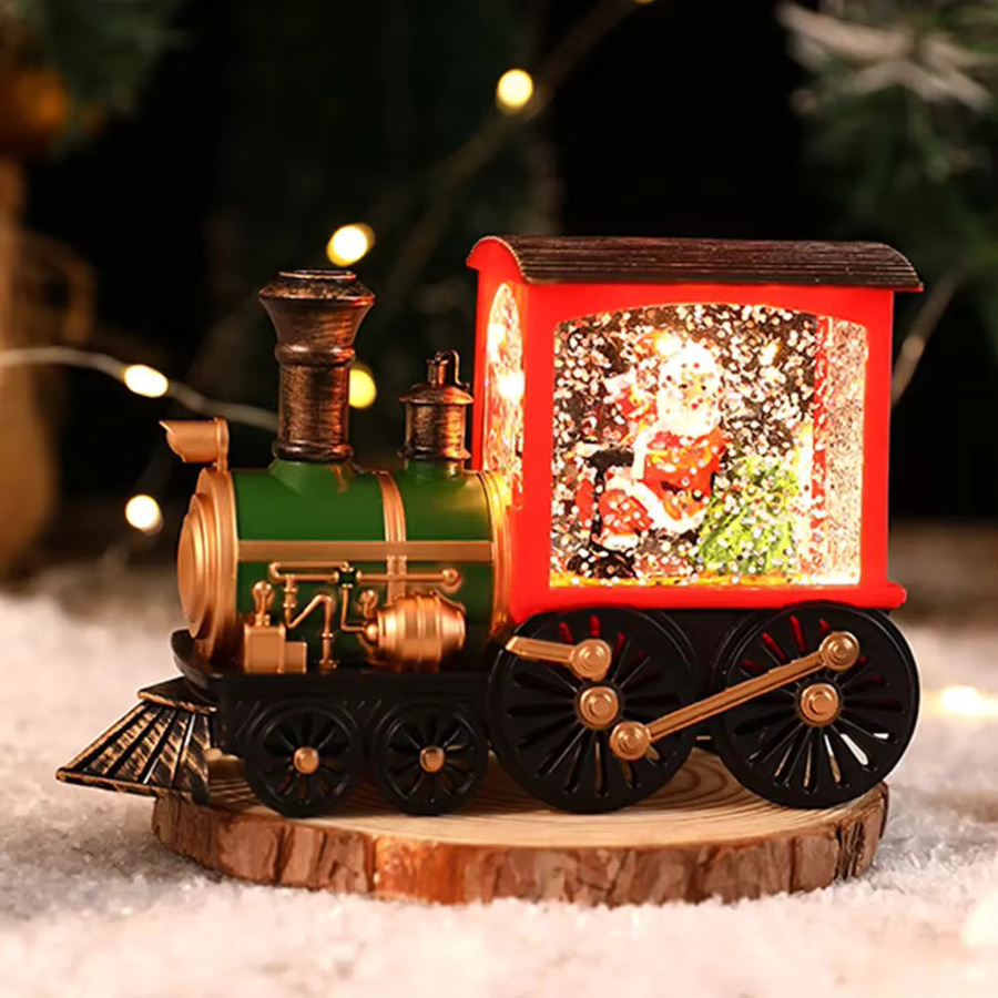 Weihnachts-Spieluhr mit Zug, Santa Claus und Schneemann in Kristallkugel-Optik, bunte Tischdekoration - Bild 3