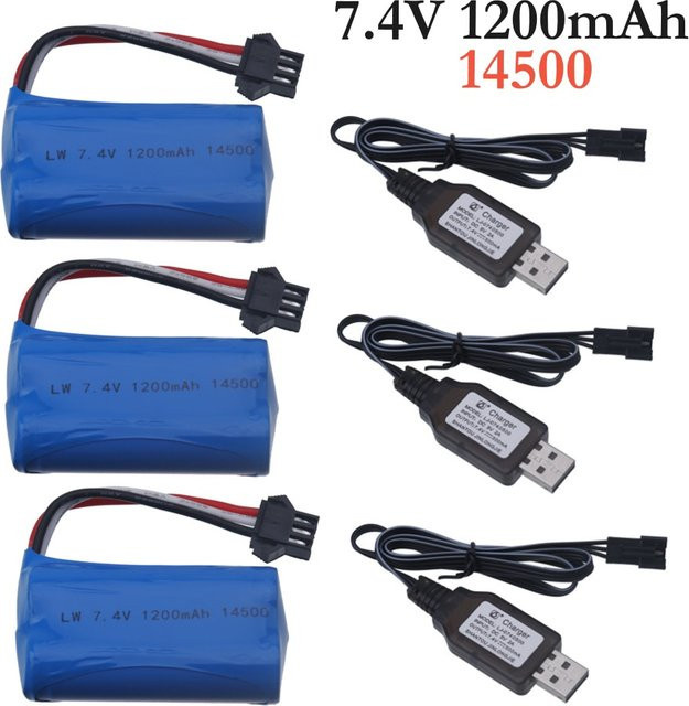 Li-Ion Akku und USB Ladegerät Set für RC Wasser-Kugelpistole, 7,4 V, 1200 mAh, 2S mit SM-3P Stecker - Bild 1