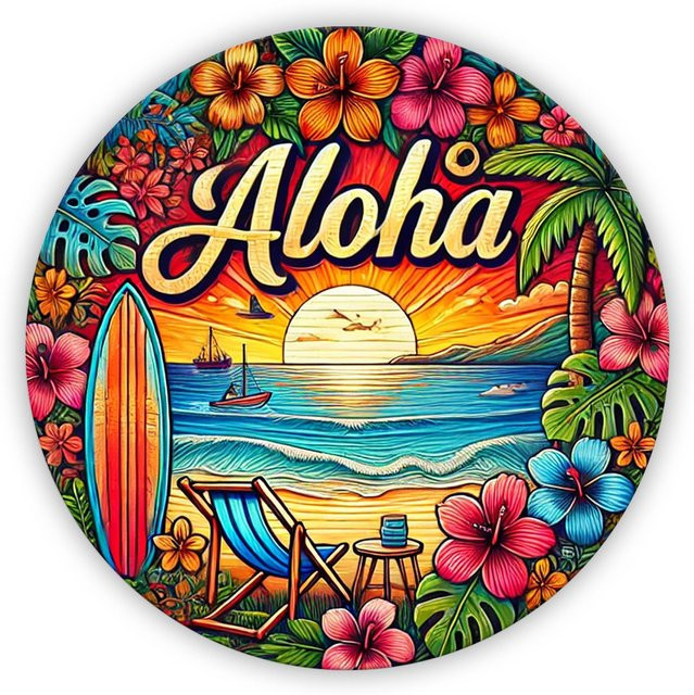 Potdemiel Hawaiianisches Aloha Wandschild aus Metall, Runde Türdekoration mit Blumenkranz und Strandmotiv, Mehrfarbig, Durchmesser: 20 cm - Bild 1