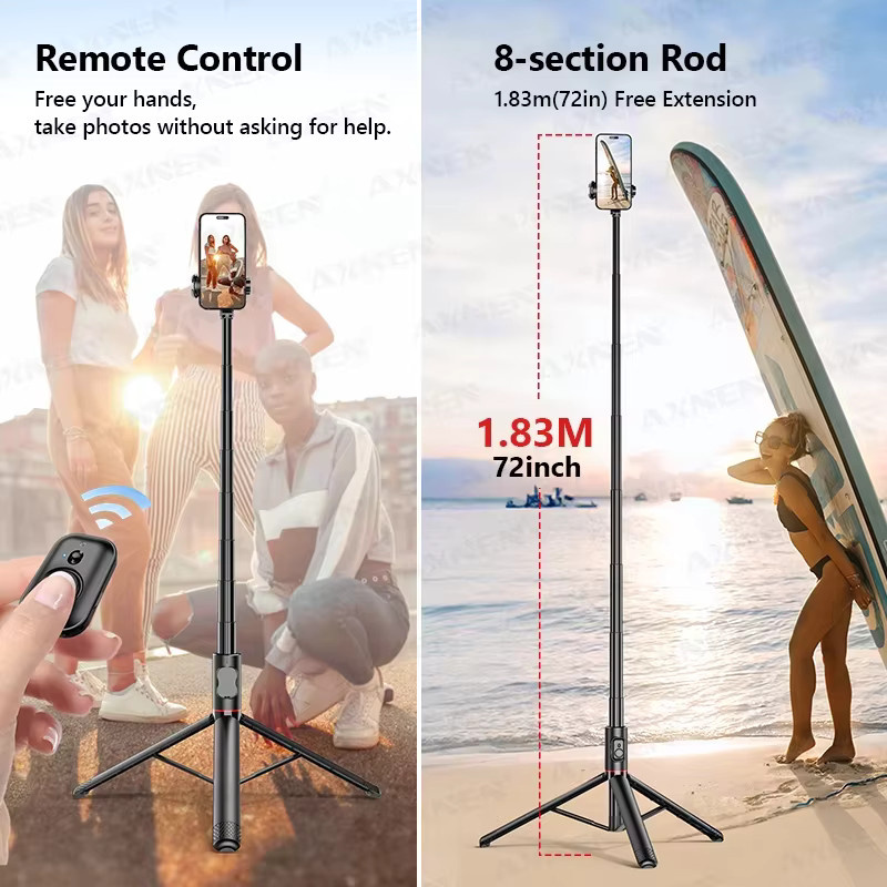 Axnen Selfie-Stick Stativ-Stabilisator mit Bluetooth und Aufhellungslicht, 183 cm Verlängerungsstange, Schwarz - Bild 2
