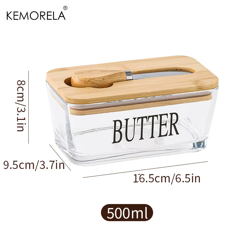 KEMORELA Butterschale aus Glas mit Bambusdeckel und Messer, luftdichter Butter-Aufbewahrungsbehälter, transparent - Bild 5