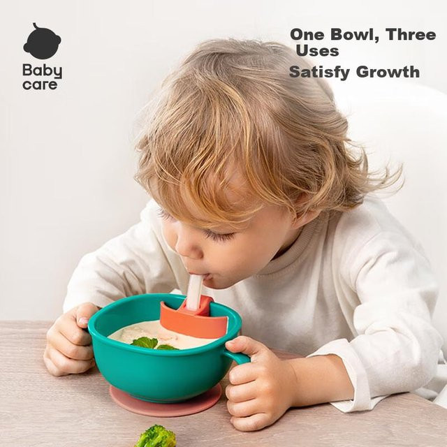 Quehu Gree Baby-Trinkschale mit Strohhalm und Saugnapf, 3-in-1 Fütterungsschale mit Besteck aus Silikon und Kunststoff, Türkis - Bild 1