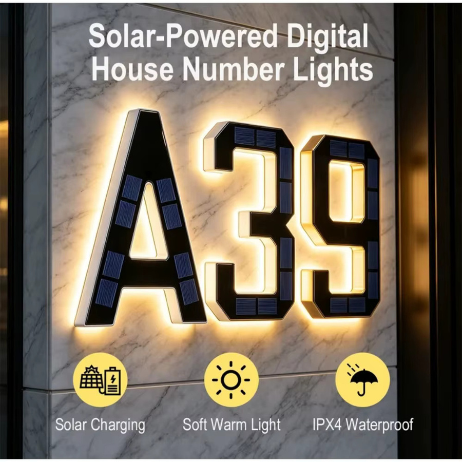 Moderne LED-Solar-Hausnummernleuchte in Schwarz mit warmweißem Licht und integriertem Dämmerungssensor für Außenbereich, Garten und Wanddekoration - Bild 1