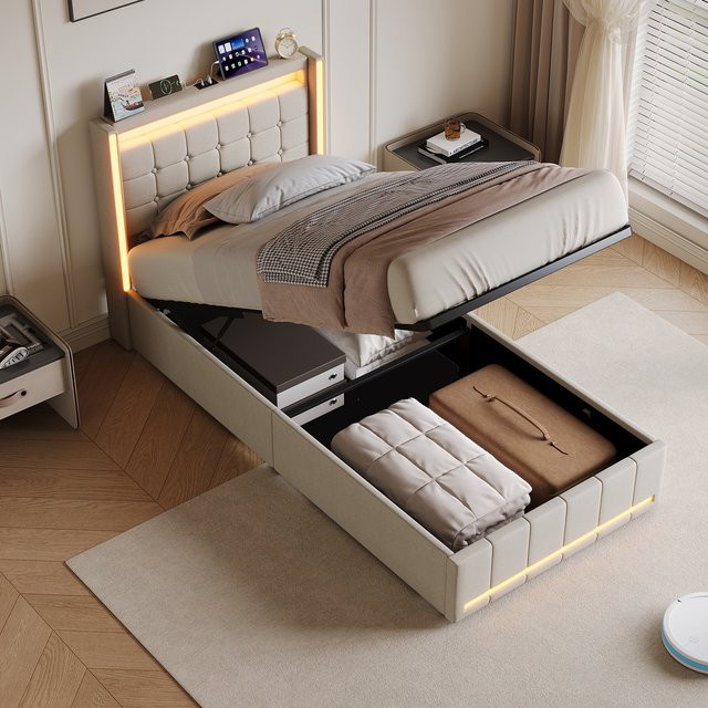 Superaly Polsterbett mit Stauraum und zwei Schubladen in Beige, B/T/H: 90 x 200 cm - Bild 1